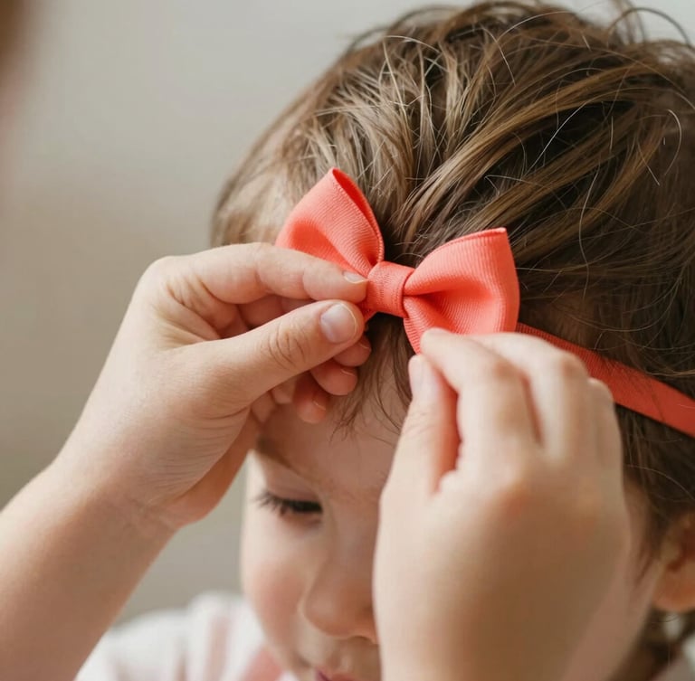 Close-up of a child's hands tying a vibrant coral hair bow, soft focus on the cotton texture, warm natural daylight.
