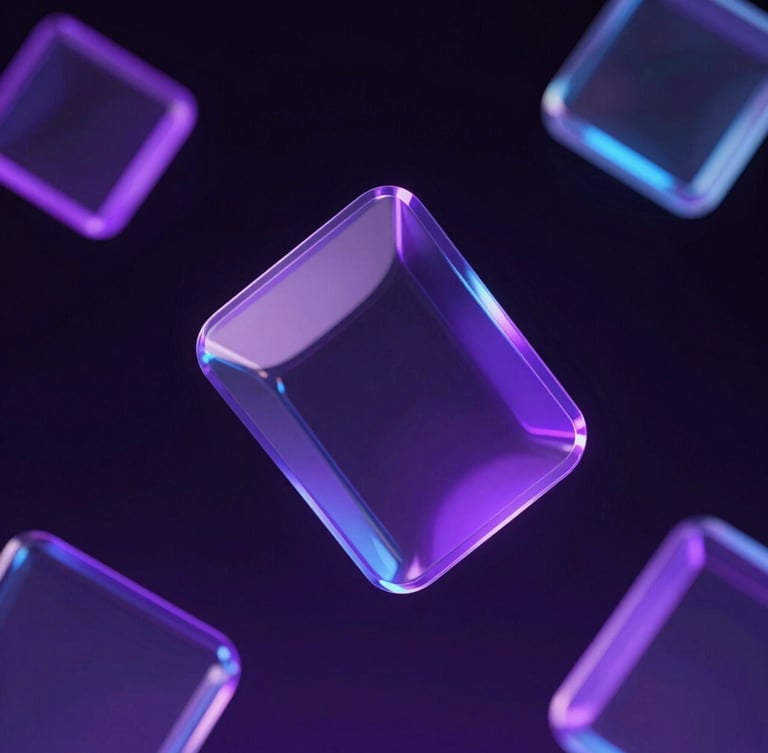 Sleek 3D render of abstract glassmorphic geometric shapes floating in a dark space, neon purple and electric blue ambient lighting, high-tech minimalist style, crisp details