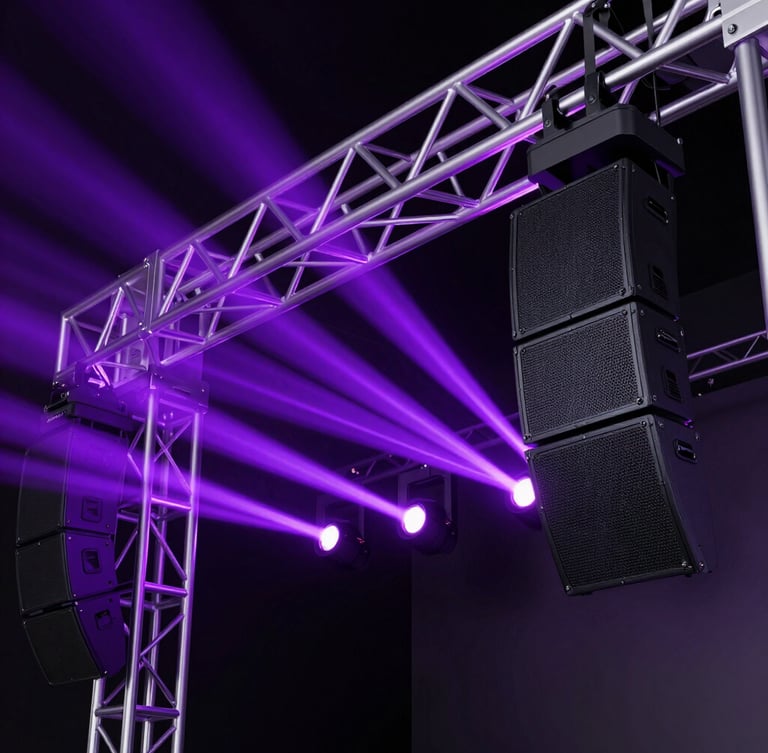 Close-up of state-of-the-art stage production equipment, intricate aluminum trusses, heavy audio arrays, illuminated by sharp purple lasers, dark studio environment.