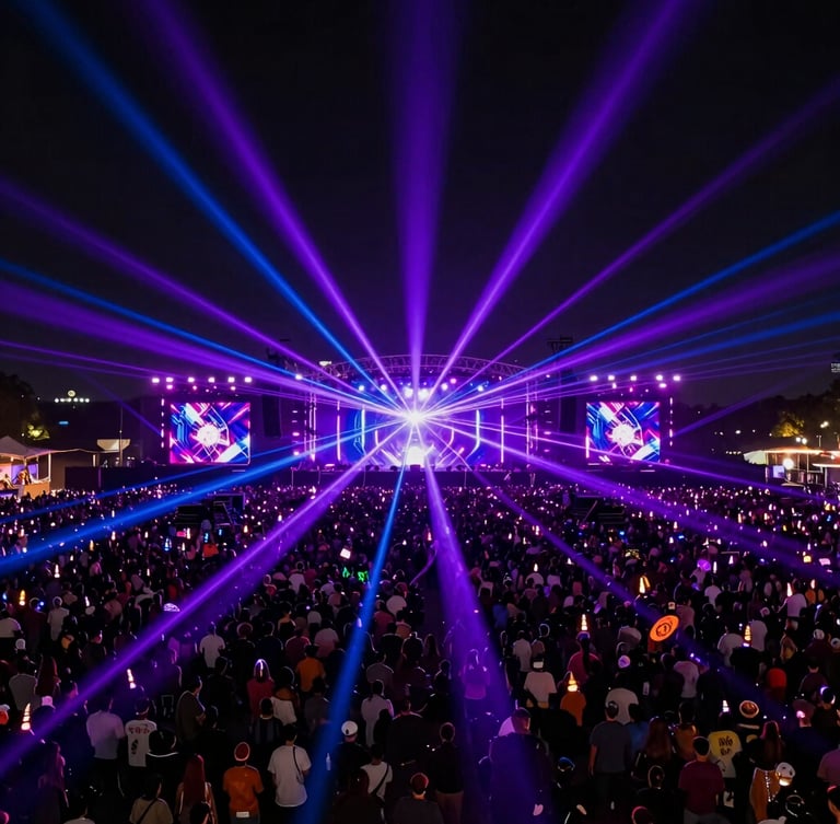 Wide-angle aerial shot of a massive, illuminated festival crowd at night, vibrant purple and blue laser beams cutting through the dark, high-contrast concert lighting, ultra-polished cinematic feel