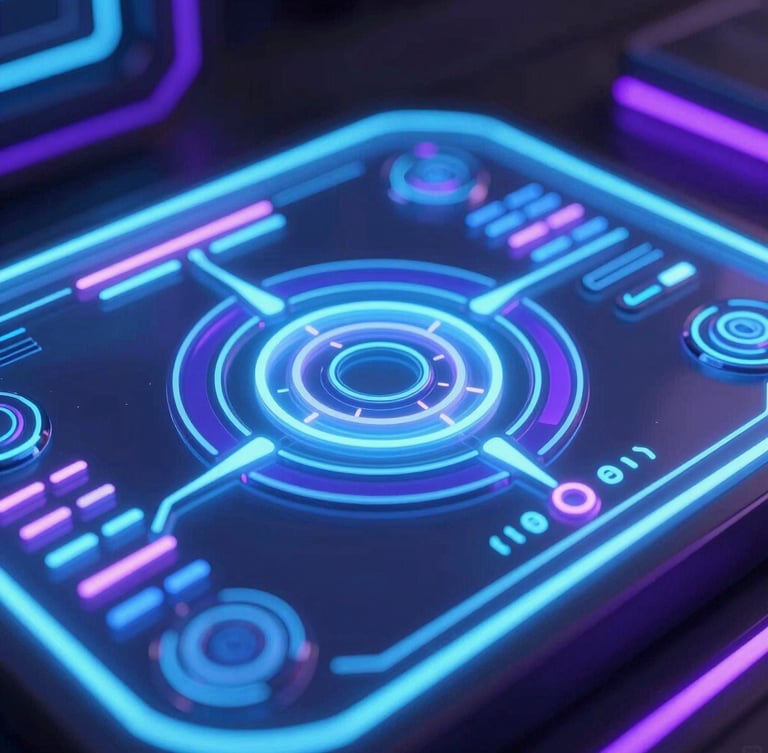A macro close-up of a state-of-the-art holographic control interface, glowing neon blue and purple light leaks, dark obsidian background, ultra-polished 3D render