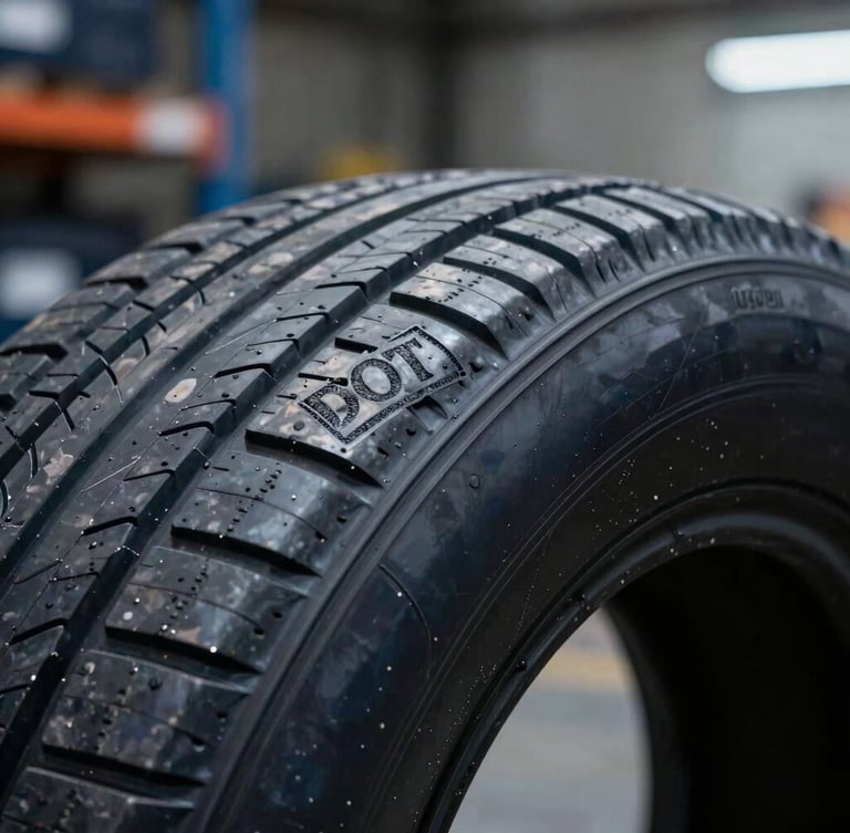 Macro-style detail shot showing a clear DOT stamp on a clean tire sidewall, sharp focus, industrial lighting.