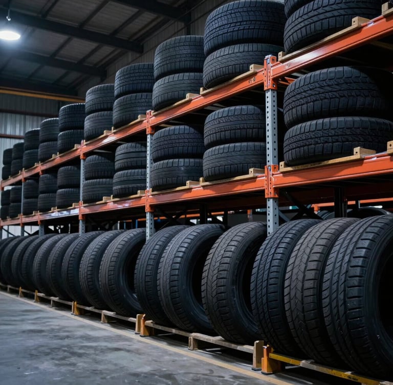 Wide-angle environmental warehouse shot, dramatic industrial lighting, high-volume racks stacked with tires, 35mm lens