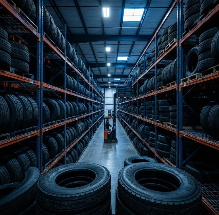 Wide-angle industrial commercial photography of high-volume warehouse racks stacked with heavy-duty truck tires, dramatic steel-blue lighting, sharp technical focus.
