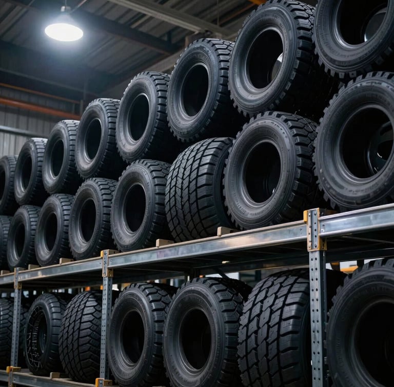Crisp industrial photography of high-volume warehouse racks stacked high with heavy-duty commercial truck tires, dramatic overhead warehouse lighting, steel tones.