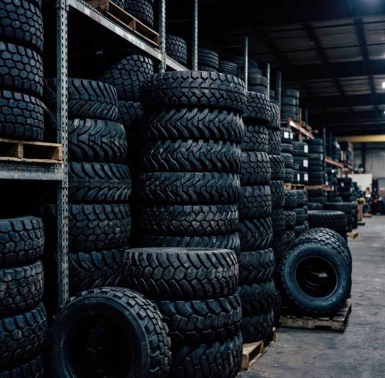 Industrial commercial photography, dramatic warehouse lighting, high contrast stacked tire tread patterns, 35mm lens