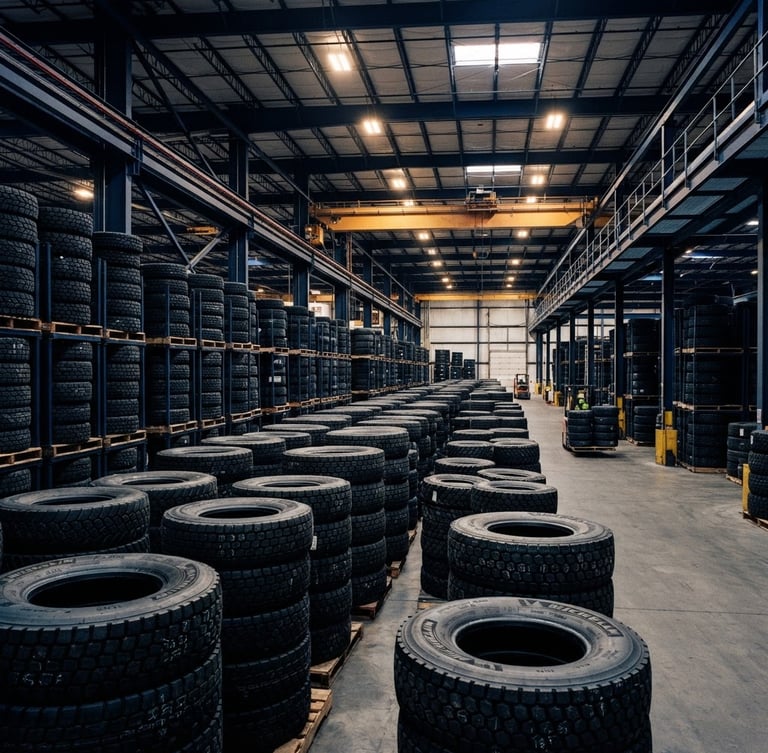 Wide-angle industrial commercial photography of stacked heavy-duty truck tires inside a massive Houston warehouse, dramatic overhead steel gantry lighting, high contrast navy and steel tones, sharp detail on tread patterns, 35mm lens