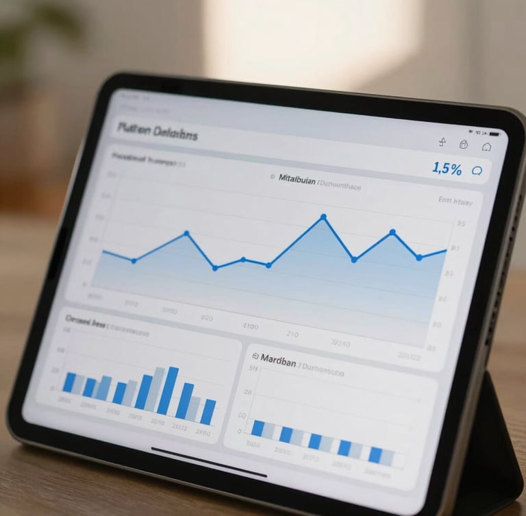 Close-up of a modern tablet screen displaying clean health data visualizations, predictive line charts mapping metabolic baselines, diffused warm morning light, realistic home setting.
