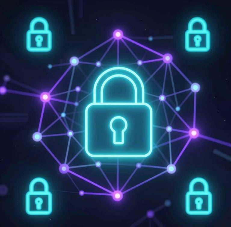dark futuristic 3d render, glowing neon cyan and violet light, abstract network nodes with secure cryptographic lock symbol, octane render