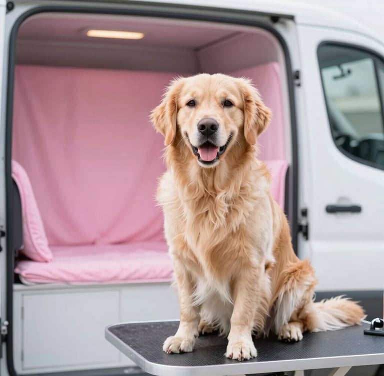 A happy, fluffy golden retriever sitting calmly on a clean grooming table inside a bright, modern mobile grooming van, soft pink towels in the background, bright natural light, shallow depth of field