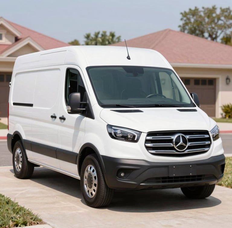 A pristine, luxury white mobile pet grooming van parked on a clean suburban driveway, bright sunny day, high-end commercial automotive photography