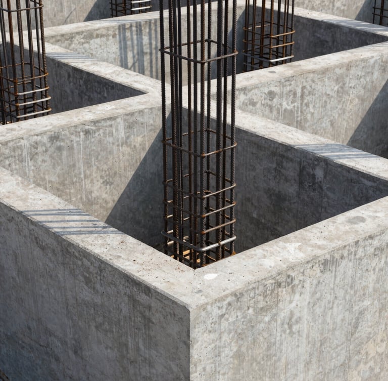 Crisp architectural photography of a modern residential concrete foundation under bright daylight, showing heavy steel reinforcement bars and precise formwork in Bengaluru.