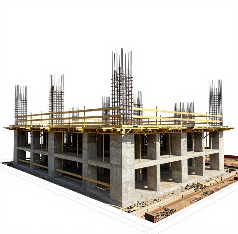 Crisp architectural blueprint overlay on a clean Bengaluru residential construction site, showing concrete foundation reinforcement under bright daylight.