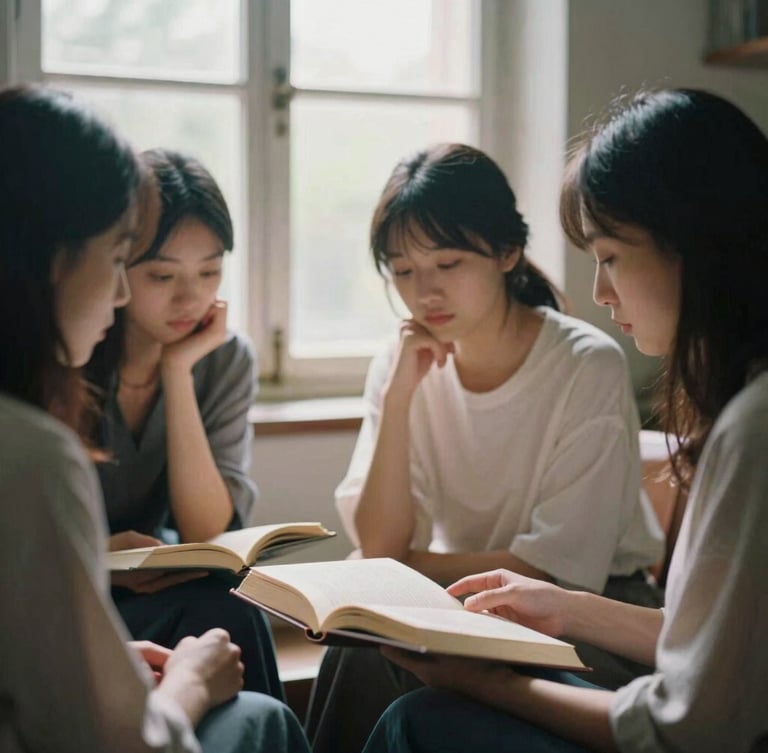 Authentic women in quiet, contemplative conversation around an open academic book, soft morning light filtering through an old window, shallow depth of field, 35mm film grain.