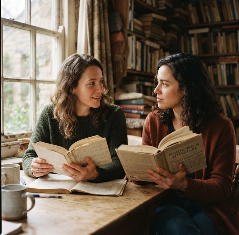 Authentic women in contemplative conversation, soft morning light filtering through an old window, hands holding open academic books, shallow depth of field, warm editorial photography.