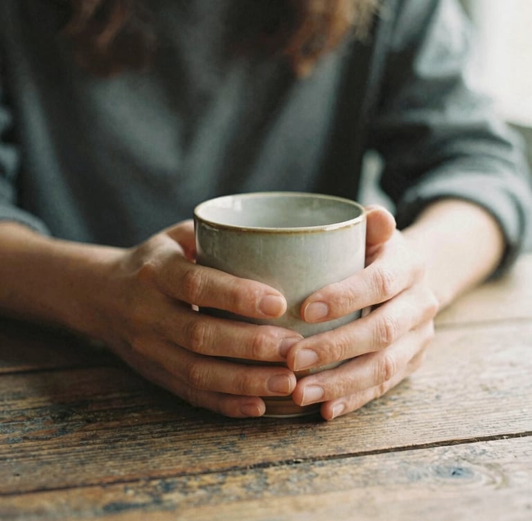 Authentic woman's hands holding a warm ceramic mug, resting on an old wooden table, soft morning light, contemplative, shallow depth of field, warm editorial photography, muted natural tones, 35mm film grain.