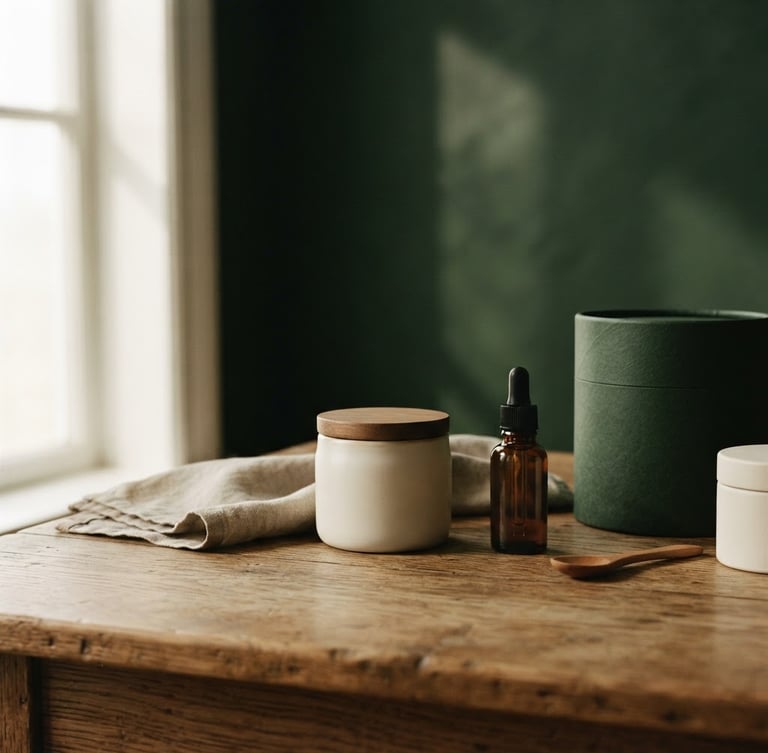 Wide shot of nuFond product packaging, minimalist, on a natural wood surface under soft window light, deep shadows, forest green tones.
