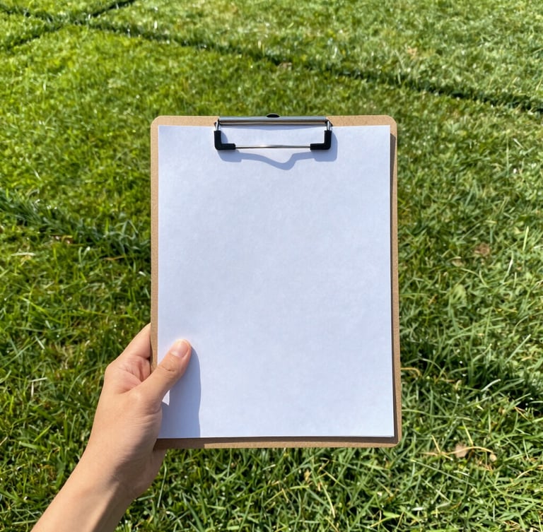 A hand holding a simple clipboard with a clean quote sheet, standing over a perfectly manicured lawn with sharp border lines, bright morning sun