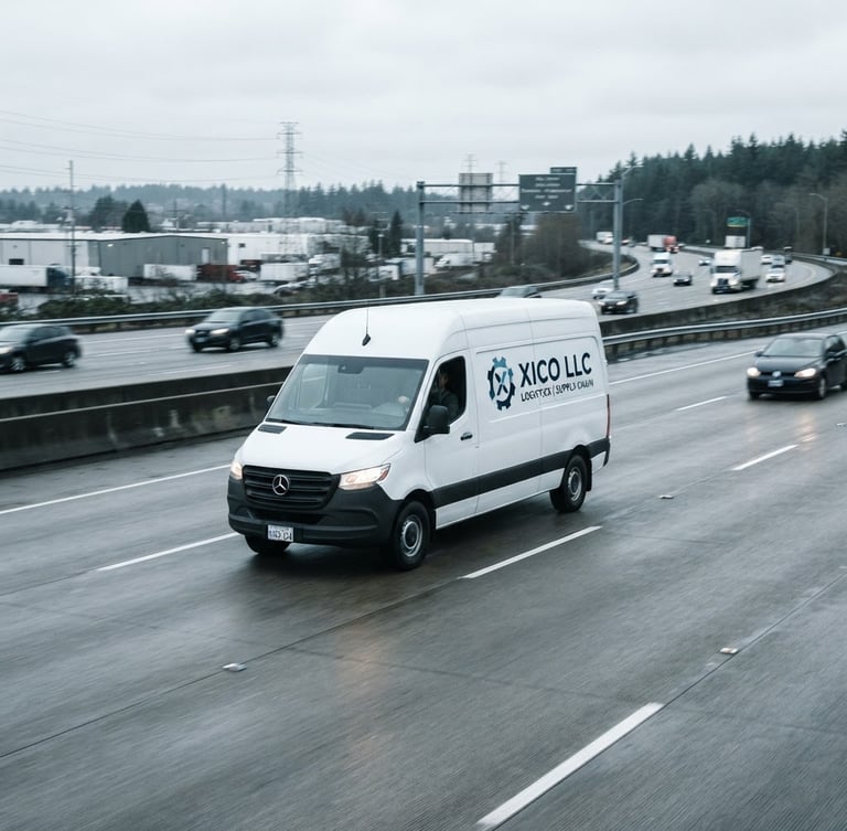 Clean, branded XICO LLC sprinter van in transit on a multi-lane highway, overcast daylight, cool desaturated tones, sharp focus, industrial commercial photography. The van is slightly off-center to the left, with open road ahead.