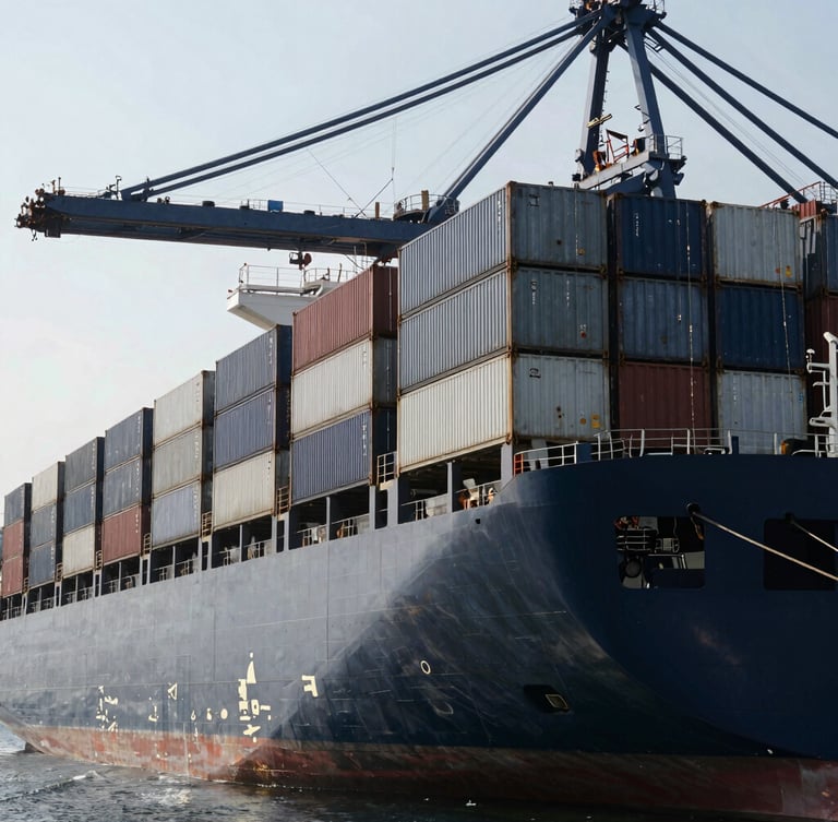 A massive modern container ship docked at a high-tech industrial port under cool daylight, steel gray tones, high contrast, 35mm