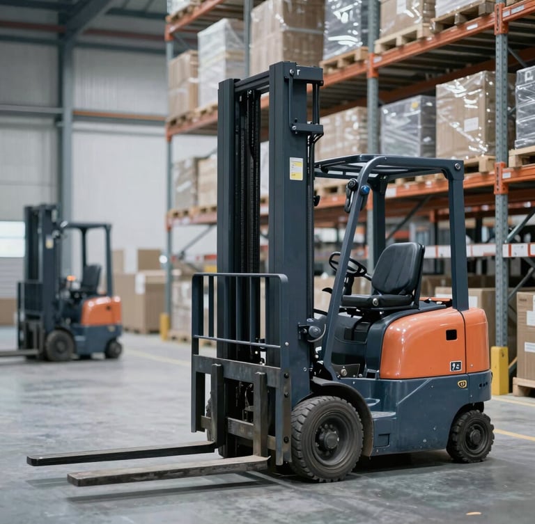 Interior of a clean, high-tech logistics warehouse with steel racks and modern automated forklifts, cool daylight, sharp focus.