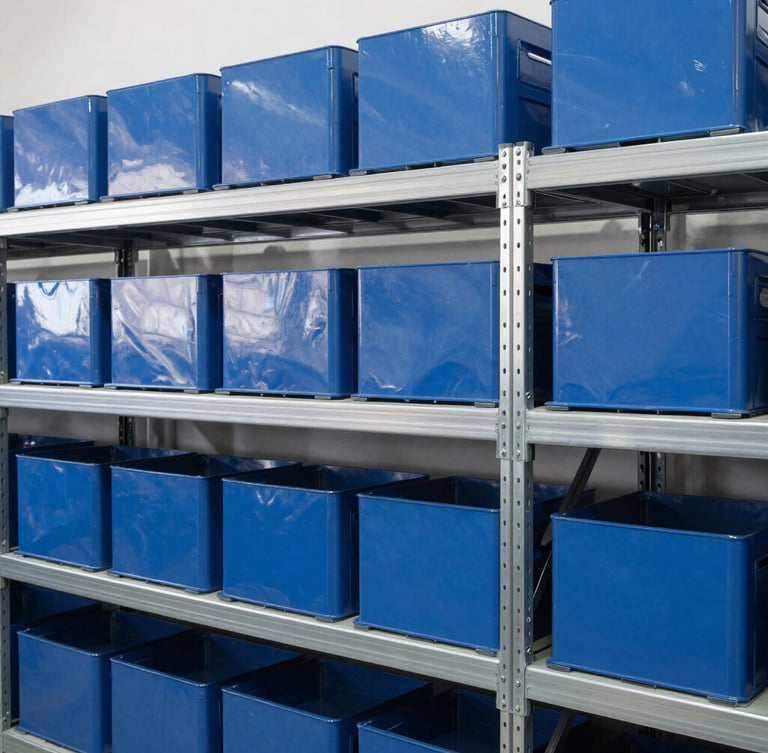 Crisp straight-on medium shot of organized inventory on steel shelves under bright clean industrial daylight, blue and silver tones, sharp focus, 35mm lens