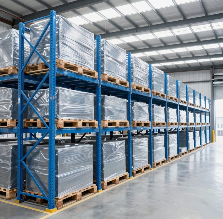 Bright modern warehouse interior with organized pallet racking and clean blue tones, sharp focus, natural daylight, wide-angle environmental shot