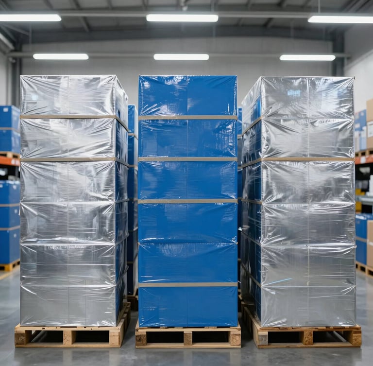 Straight-on medium shot of organized inventory with professional shipping logistics, bright clean industrial lighting, blue and silver tones.