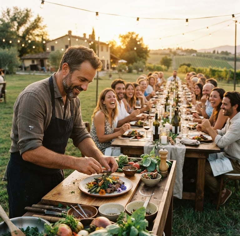 Wide panoramic farm-to-table dinner scene under warm golden-hour light, long wooden tables, guests laughing, shallow depth of field, a chef plating a dish in the foreground, rich earthy tones, 35mm film aesthetic.