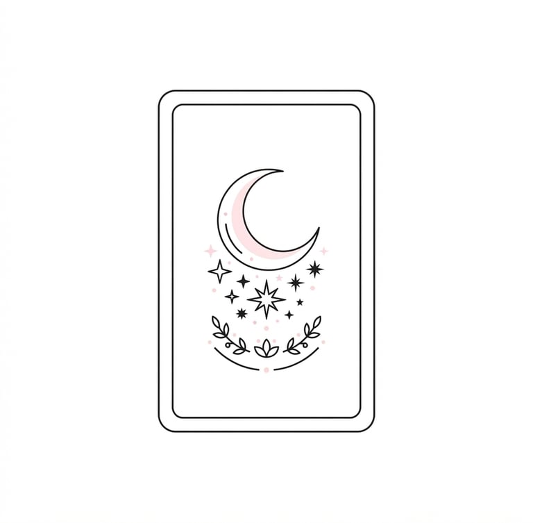 Flat vector illustration of a single minimalist tarot card with a crescent moon and delicate stars, crisp black lines on a white background with soft pink accents