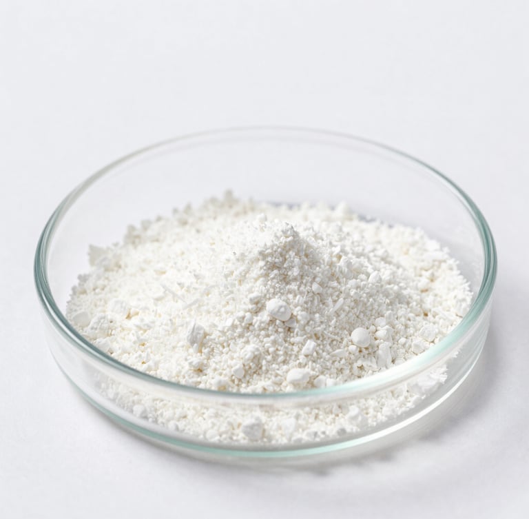 macro close-up of pure white supplement powder on a clean glass petri dish, bright high-key lighting, clinical laboratory aesthetic, sharp focus, 50mm