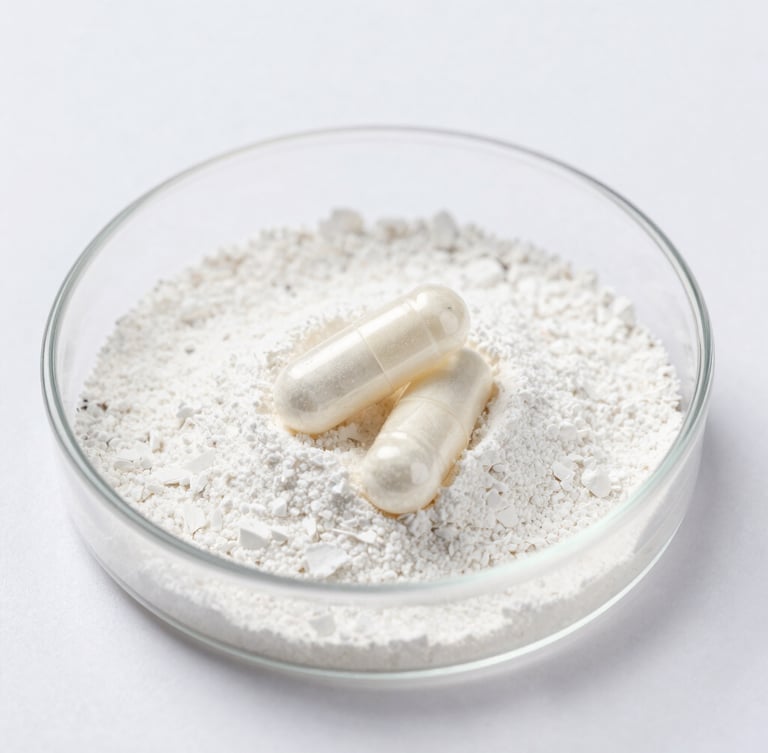 Macro photograph of clear supplement capsules filled with pure white active powder on a sterile white laboratory dish, bright clinical lighting, sharp focus