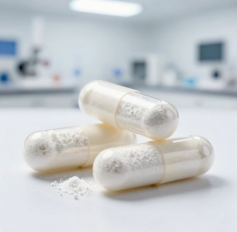 Macro close-up shot of clear supplement capsules filled with pure white powder, bright high-key lighting, clean clinical lab environment, 50mm