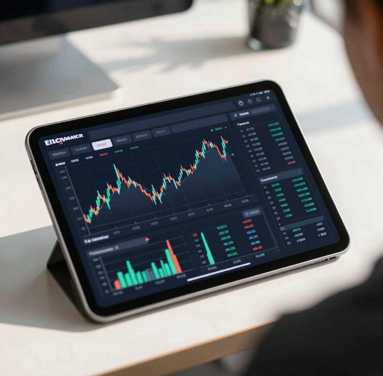 Close-up of a modern financial dashboard on a tablet in a bright office, clean sunlight casting soft shadows, professional atmosphere.