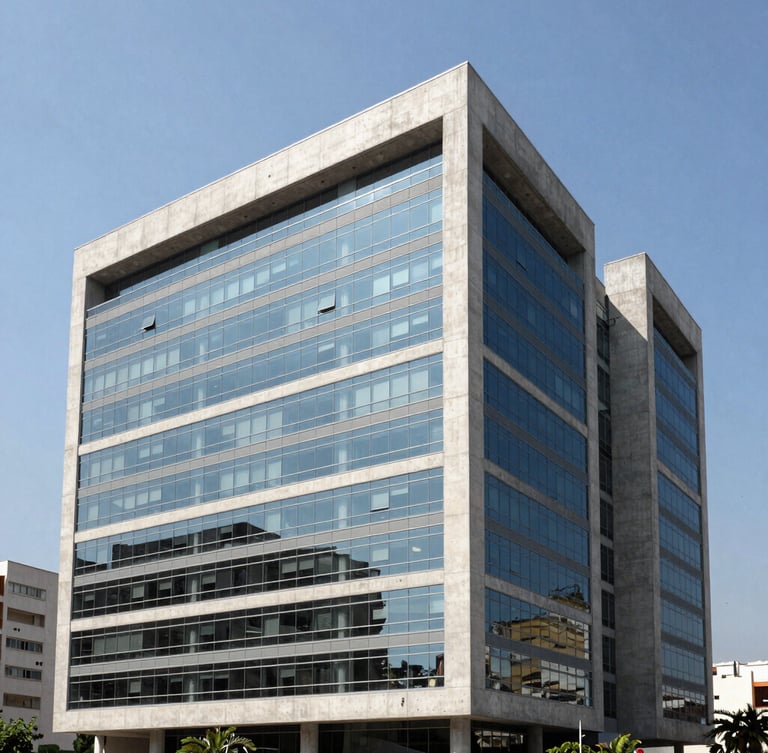 Structured modern office architecture in Belo Horizonte, clean concrete and glass facade, bright daylight, high contrast.