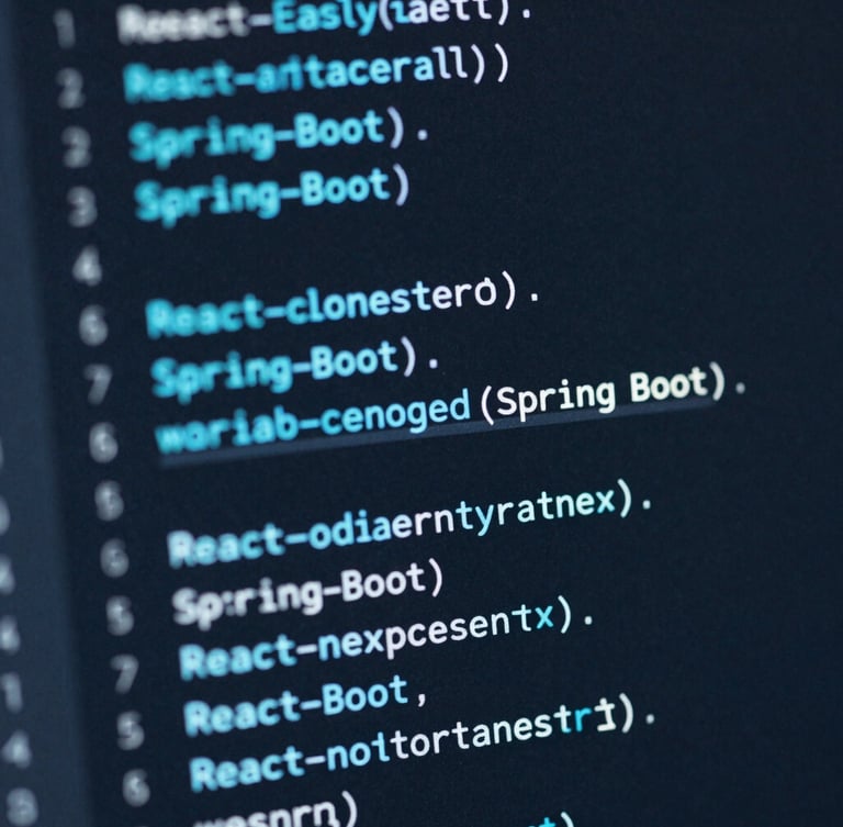 Macro shot of clean React and Spring Boot code on a dark IDE screen, electric cyan syntax highlighting, soft blue ambient screen glow, shallow depth of field, sharp focus on clean architectural functions.