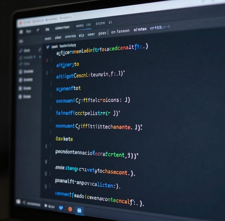 sleek technology photography, macro detail of clean code on a dark monitor, deep anthracite and cerulean blue tones, sharp focus, 35mm lens