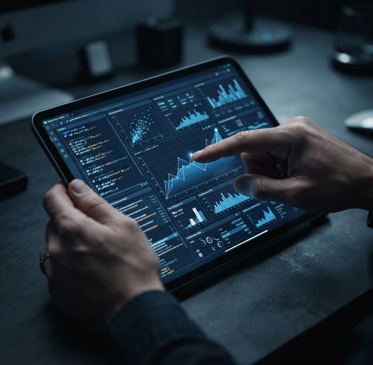 Primer plano macro de manos interactuando con una interfaz de software de analítica en una tablet de alta gama, código limpio en pantalla, iluminación azul fría, tonos antracita profundos, foco nítido.
