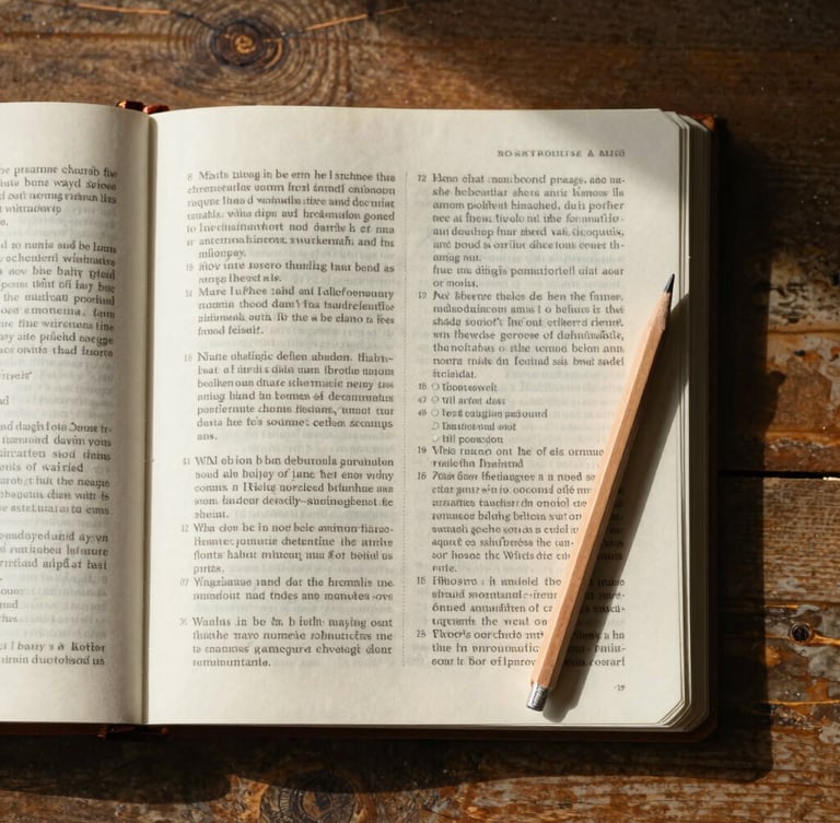 Top-down flat lay of an open scripture workbook on a rustic wooden table, soft morning light casting gentle shadows, a sharp wooden pencil resting on the thick cream paper.