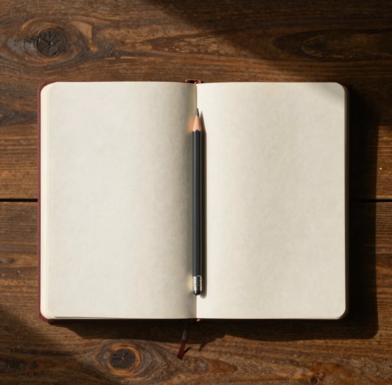Top-down flat lay of an open scripture journal on a rustic oak desk, warm morning light casting soft shadows, a graphite pencil resting on premium textured cream paper.