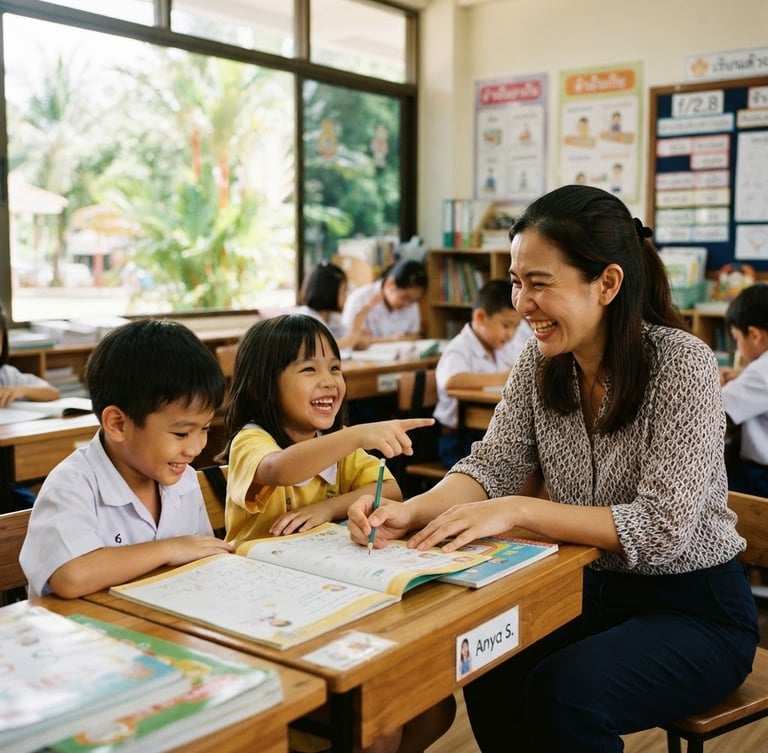 A smiling teacher interacting with students in a bright, modern classroom in Southeast Asia, natural daylight streaming in, shallow depth of field.