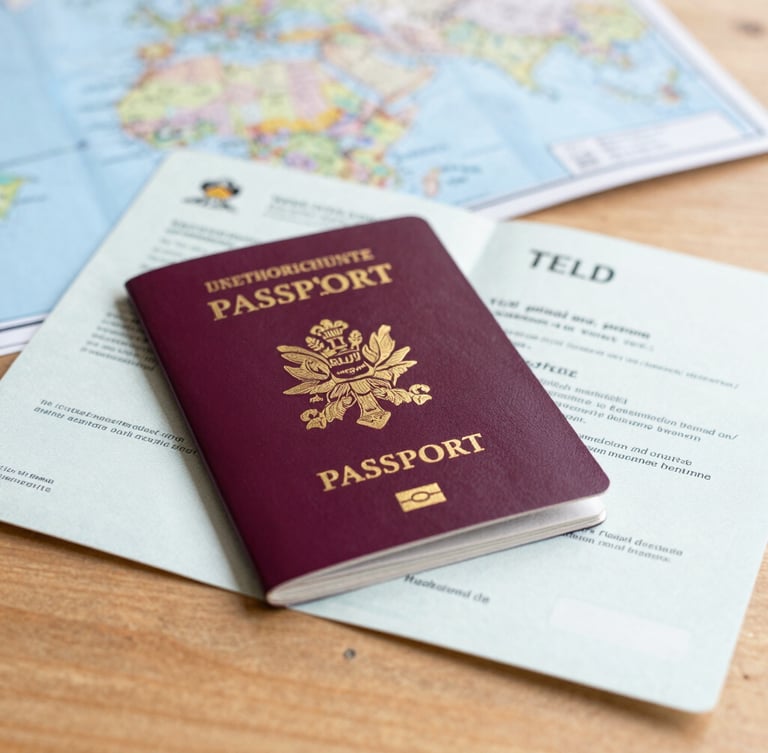 Close-up of a British passport and a TEFL certificate on a wooden table, with travel maps blurred in the background, natural daylight.