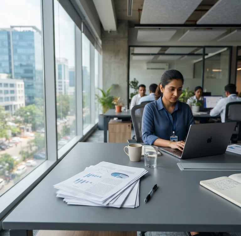 A bright, professional corporate workspace in India, natural light, clean documents on a slate gray desk, 35mm lens, sharp focus