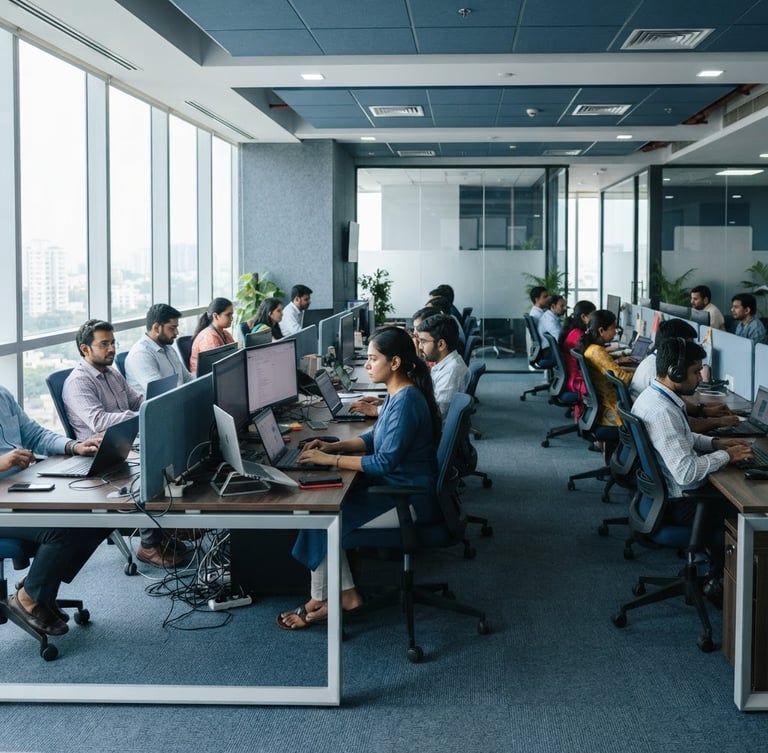 A bright corporate office workspace in India with natural daylight, structured desks, cool blue and gray tones, professional atmosphere, 35mm lens.
