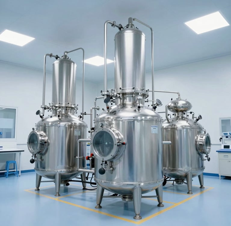 Immaculate industrial facility with stainless steel chemical reactors, bright clinical lighting, cool sterile blue tones, wide shot.