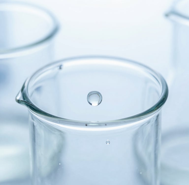 Macro close-up of clean laboratory glassware with clear chemical compound, clinical blue and white tones, sterile high-key lighting, sharp focus.