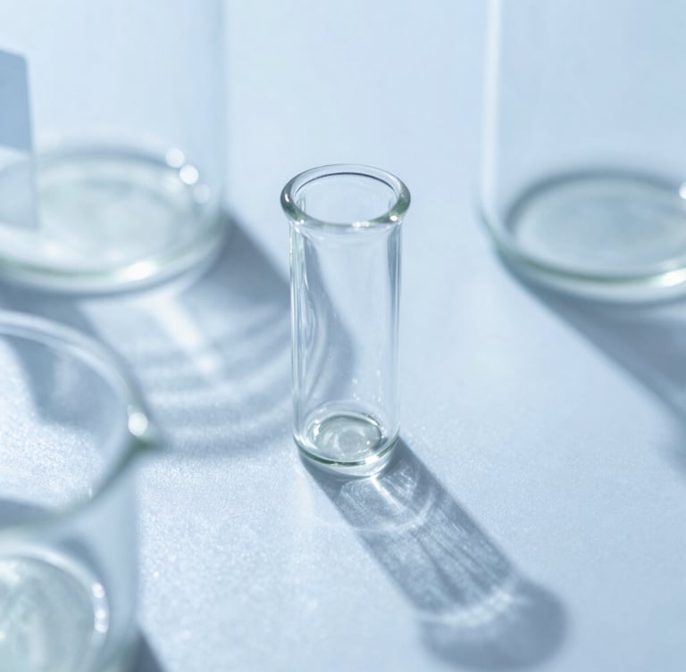 Macro close-up of sterile laboratory glassware with sharp shadows, bright clinical blue and white tones, sharp focus.