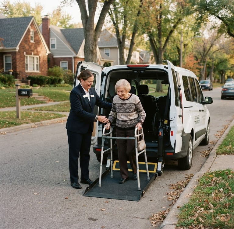 A professional driver in a neat uniform gently assisting an elderly passenger into a clean, modern wheelchair-accessible transport vehicle parked in a quiet Omaha residential neighborhood, soft natural daylight, 35mm lens.