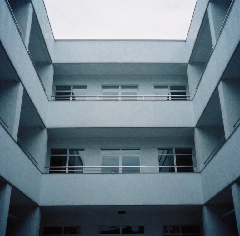 Architectural interior of a modern consular building, sharp lines, diffused light, cool desaturated blue tones, 35mm, centered