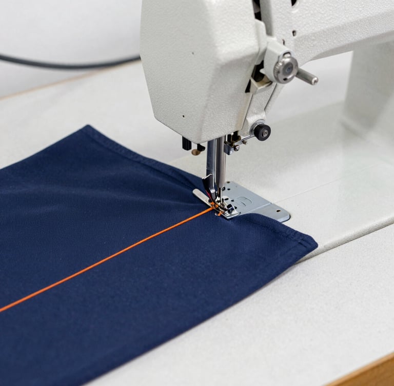 Crisp industrial photography, close-up macro shot of a heavy-duty sewing machine stitching a navy blue corporate uniform with bright orange thread, sharp focus on needle, clean workshop background